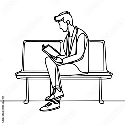 Man sitting on a bench reading a book in single line outline vector  