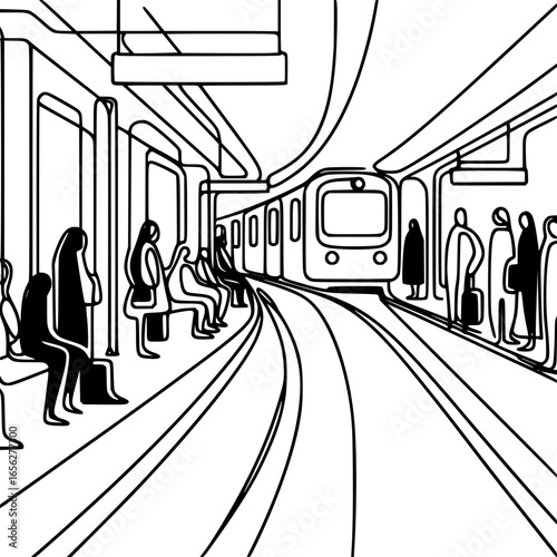 Line art illustration of commuters waiting at subway station  