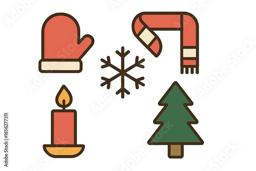 Charming Christmas Icons: Red Mitten, Snowflake, Candle, Green Fir Tree, and Striped Scarf on a Dark Gradient Background - A Festive Holiday Collection