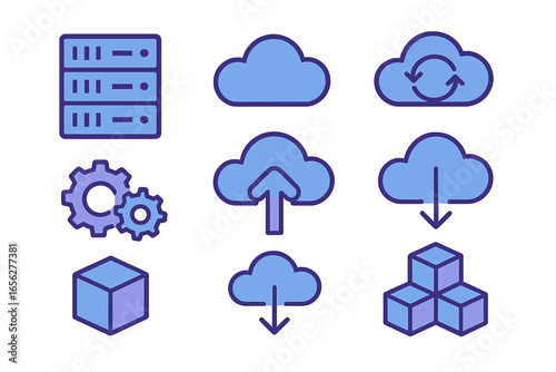 Diverse collection of cloud computing icons, visually depicting data storage, processing, and transfer operations. Features servers, clouds, gears, and cubes presented against a dark, technology-them