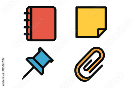 Vibrant collection of essential office supplies on a gradient backdrop, featuring a spiral notebook, sticky note, push pin, and paper clip, enhanced with subtle shadow effects for a polished look