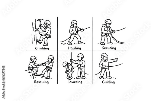 hand drawn cute doodle ink line art style line monochrome monochrome isolated on white background ice rescuer (tasks): climbing hauling securing rescuing lowering guiding