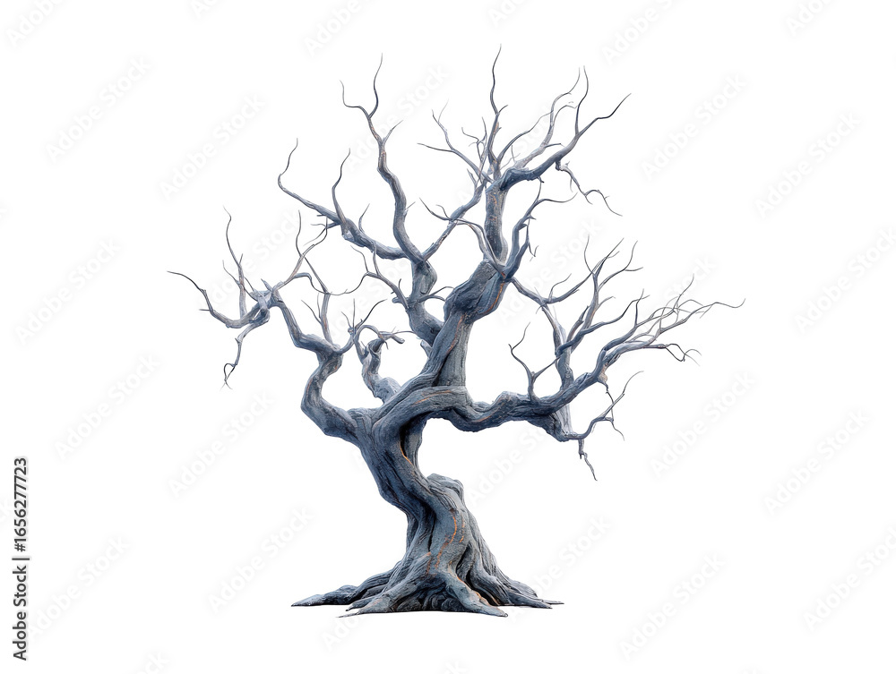 Obraz premium Fantastical ancient tree with gnarled textured blue-grey bark and bare branches.