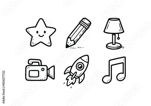 hand drawn cute doodle ink line art style line monochrome monochrome isolated on white background virtual set designer (tasks): modeling texturing lighting arranging animating composing