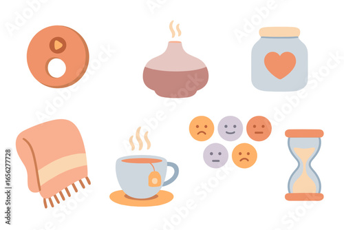 Embrace tranquility with cozy self-care essentials: a warm blanket, soothing tea, aromatic diffuser, and sentiment icons for emotional balance, fostering a peaceful, mindful atmosphere for ultimate w