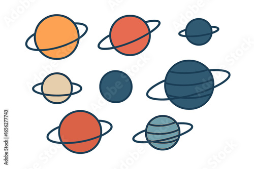 Diverse stylized planets, including gas giants with rings and terrestrial worlds, presented against a softly illuminated dark background with subtle vertical atmospheric or light effects, crafting a