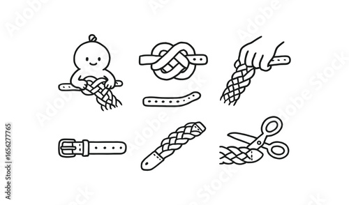hand drawn cute doodle ink line art style line monochrome monochrome isolated on white background belt braider (tasks): weaving knotting tightening aligning finishing cutting