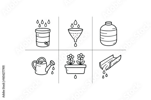 hand drawn cute doodle ink line art style line monochrome monochrome isolated on white background water catchment planter (uses): collecting filtering storing watering draining channeling