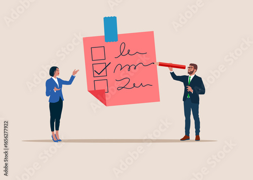 Planning concept. Businessman hold pen writing plan to do list notes. Business planning project. accomplishment of tasks, check marks. Achievements and goals. Flat vector illustration