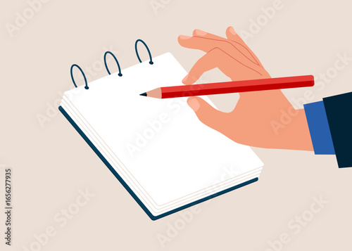 Human of arm hold pencil write paper notepad take notes feedback review. Accomplishment of tasks, check marks. Achievements and goals. Vector illustration
