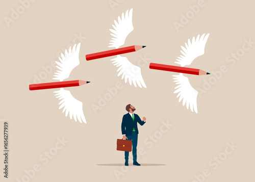 Businessman looks at pencils flying, writing blog writer inspiration. Blogger, start new blog writing article online or journalism, storytelling and social marketing concept.