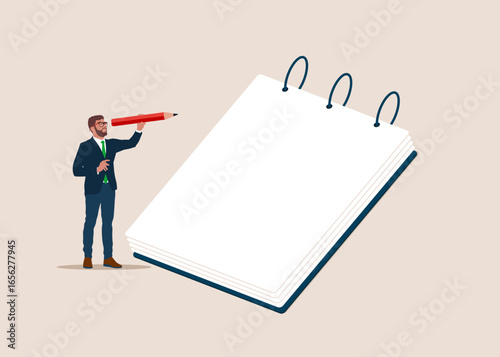 Businessman hold pencil write paper notepad take notes feedback review. Accomplishment of tasks, check marks. Achievements and goals. Vector illustration