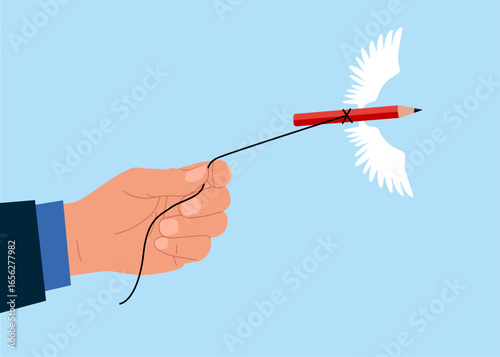 Obstacle, blockage. Human arm pulling the pencil flying. Solving problem. Blogger, start new blog writing article online or journalism, storytelling. Flat vector illustration.