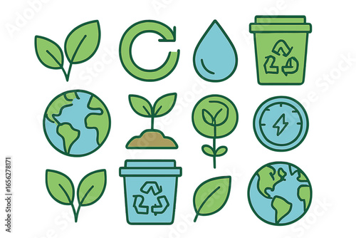 Vibrant Collection of Eco-Friendly Symbols and Nature Elements Promoting a Sustainable Lifestyle: Growth, Recycling, Water, and Energy Conservation in a Clean, Modern Design.
