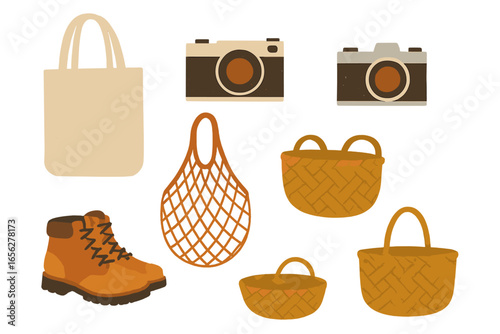 Vintage-style everyday items including a canvas tote, retro cameras, a hiking boot, string shopping bags, and woven baskets on a textured gradient background with soft lighting.
