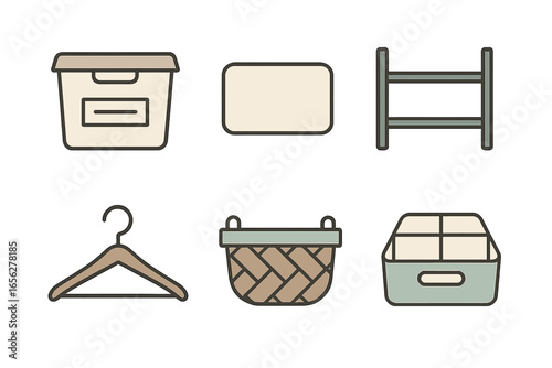 Household Storage and Organization Icons: A curated set of bins, baskets, and hangers in a vintage color palette, perfect for home organization and interior design. Flat graphic asset with a dark bac