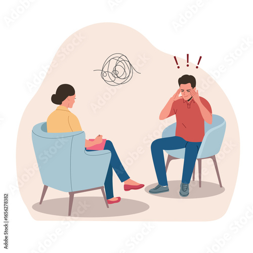 Sad man with voices in the head talking with psychologist on the chairs. Psychological consultation. Vector flat style illustration