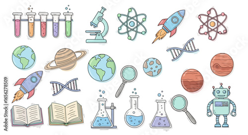 Playful Science Education Icons Featuring Test Tubes, Microscope, Planets, and Robot for Educational Resources and Science-Themed Designs