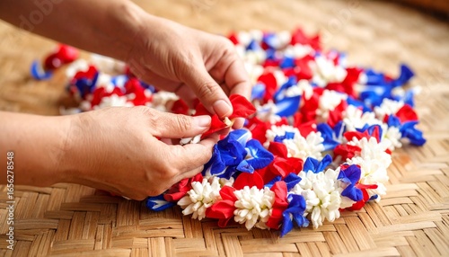 Hands carefully crafting a vibrant lei of red, white, and blue flowers on a woven mat.