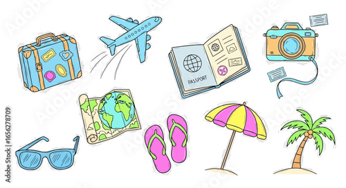 Whimsical Travel and Vacation Icons Depicting Essential Items and Activities for Planning Journeys and Promoting Tourism Services and Travel Packages