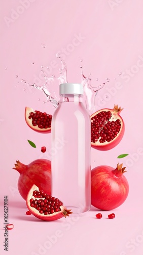 Pomegranate water splash on pink background
