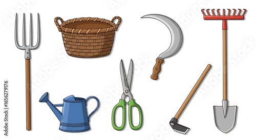 Collection of Essential Cartoon Gardening Tools for Gardeners and Farmers, Perfect for Educational Materials and Agricultural Illustrations