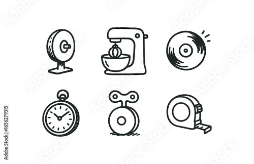 hand drawn cute doodle ink line art style line monochrome monochrome isolated on white background rotation disc (uses): spinning grinding mixing playing winding measuring