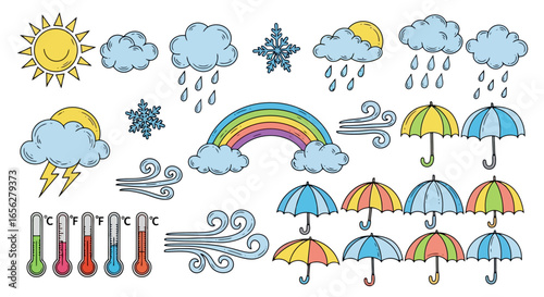 Weather Forecast Icons Set Depicting Sunny, Rainy, Snowy, Windy, and Stormy Conditions, Ideal for Educational Materials and Meteorological Applications