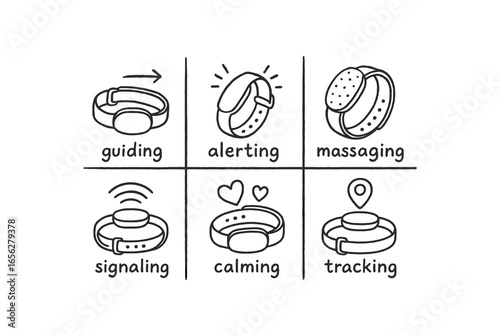 hand drawn cute doodle ink line art style line monochrome monochrome isolated on white background tactile wristband (uses): guiding alerting massaging signaling calming tracking