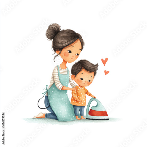 Watercolor Illustration of Mother and Son with Ironing Board