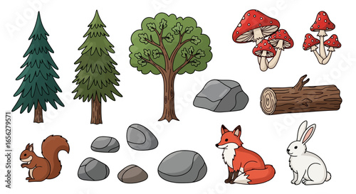 Enchanted Woodland Creatures and Flora Illustration Set for Educational and Creative Projects Depicting Nature Scenes and Children's Storytelling