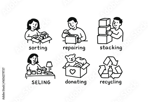 hand drawn cute doodle ink line art style line monochrome monochrome isolated on white background reuse warehouse (activities): sorting repairing stacking selling donating recycling
