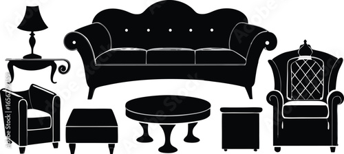 Elegant black silhouette of classic living room furniture set