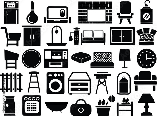 Collection of household furniture and appliances icons