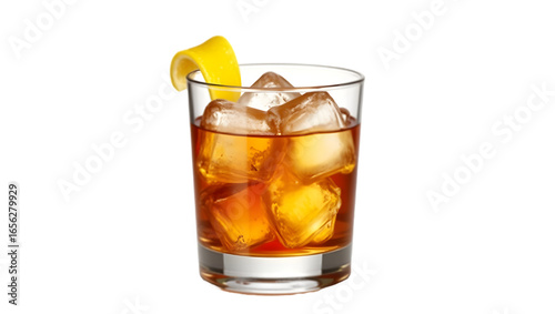 Wallpaper Mural Close-up of a classic Old Fashioned cocktail in a clear, short glass filled with large ice cubes. The amber-colored drink is garnished with a twist of fresh lemon peel resting on the rim.  Torontodigital.ca