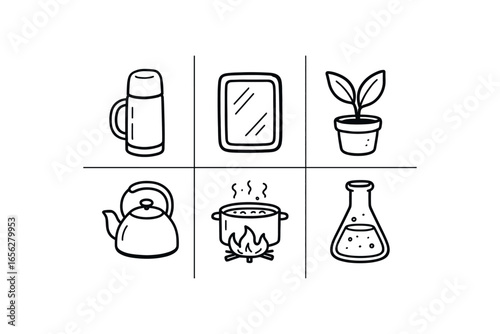 hand drawn cute doodle ink line art style line monochrome monochrome isolated on white background thermal mirror plant (uses): heating boiling generating cooking distilling storing