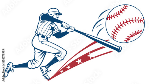 Baseball player illustration hitting ball with bat in sports competition concept 
