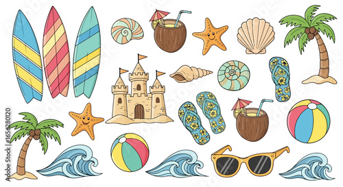 Vibrant Summer Beach Elements Featuring Surfboards, Seashells, and Tropical Accents for Holiday Designs and Vacation-Themed Creative Projects