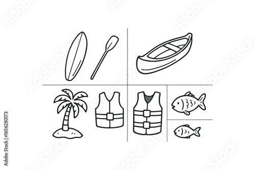 hand drawn cute doodle ink line art style line monochrome monochrome isolated on white background surfboard canoe (uses): surfing paddling racing touring fishing rescue
