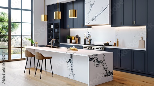 Luxurious open-concept kitchen with waterfall marble island, matte navy cabinets, gold pendant lights, and high-end smart cooktop, lit by soft morning sunlight.