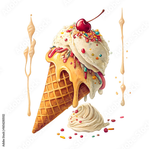 Hand-drawn illustration of a delicious ice cream cone with dripping sauce and sprinkles.