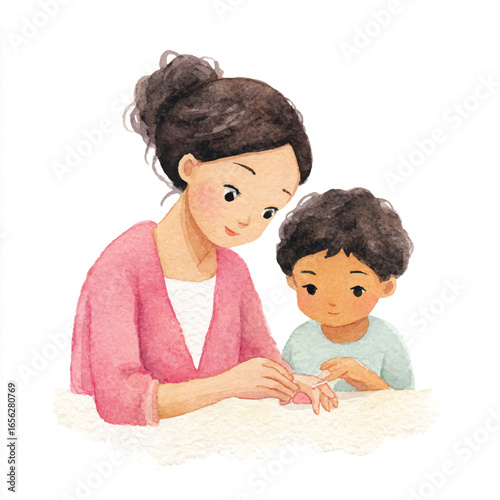 Watercolor Illustration of Mother Tenderly Caring for Sons Hand