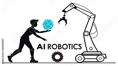 Artificial intelligence robotics with human and robotic arm illustration
