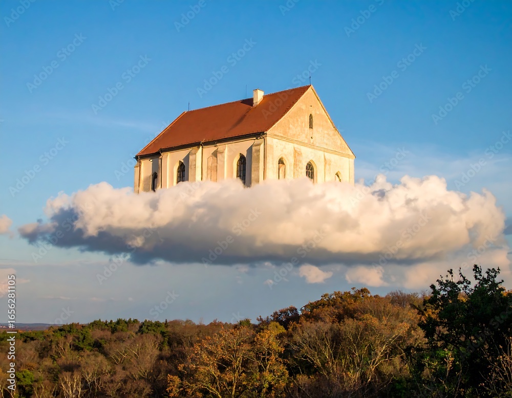Obraz premium House on a cloud, autumn scenery