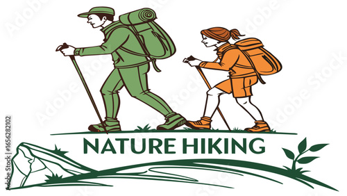 Nature hiking illustration with people trekking outdoor adventure
