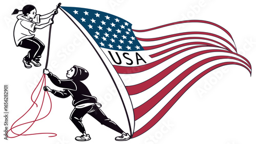 Children holding large usa flag symbol of patriotism and unity illustration
