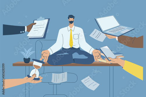 Stress management and work-life balance, A businessman sitting in a lotus pose at his desk.