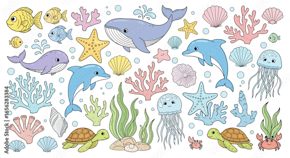 Obraz premium Playful Ocean Life Cartoon Vector Illustration, Ideal for Children's Books, Educational Materials, and Whimsical Design Projects, promoting creativity and learning about marine animals.