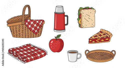 Charming Picnic Set Illustration Featuring a Basket, Blanket, Thermos, and Food Items. Ideal for Summer Events, Family Outings, or Promotional Materials.