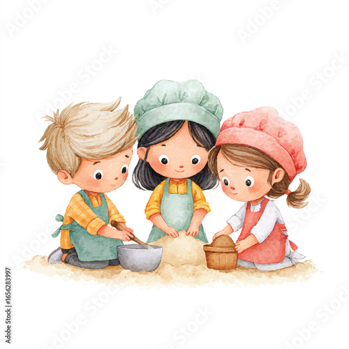 Watercolor Illustration of Three Children Baking Together with Flour and Utensils